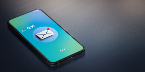 Smartphone Email Notification With New Message Icon On Modern Mobile Device Screen On Desk