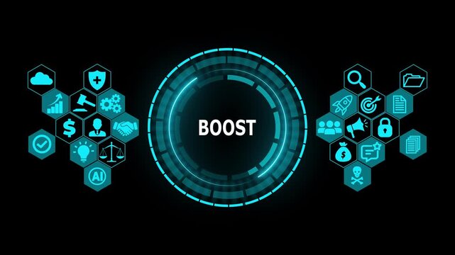 Futuristic BOOST Digital Performance Interface with HUD Circle, Business Growth Acceleration and Technology Concept Abstract Motion Graphics Loop Background