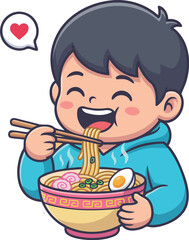 A cheerful boy relishing a bowl of steaming ramen, showcasing his enjoyment while using chopsticks. The scene captures pure joy and a love for delicious food.