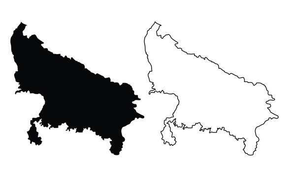 Professional Uttar Pradesh state map collection featuring solid black silhouette and clean outline vector design elements
