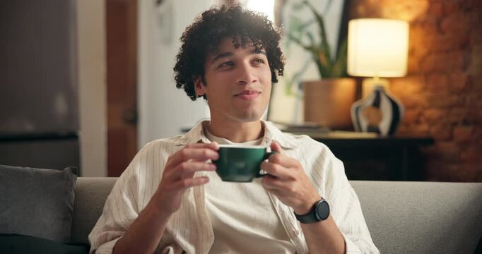 Thinking, scent and man with coffee in home for peace, smile and daydream in living room. Aroma, reflection and happy person with tea for morning beverage, calm and relax with positive mindset