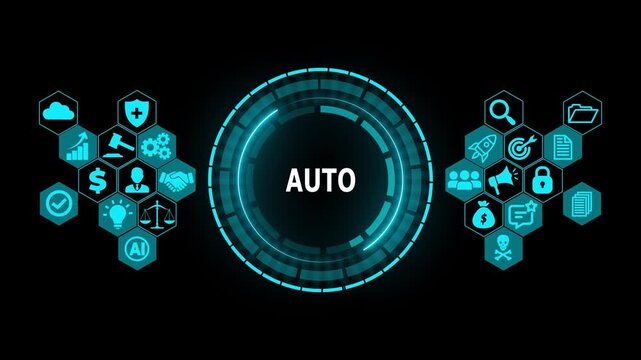 Futuristic AUTO Digital Automation Interface with HUD Circle, Smart System Control and AI Technology Concept Abstract Motion Graphics Loop Background