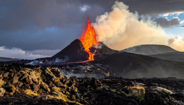 Volcanic eruption with lava and smoke in dramatic landscape