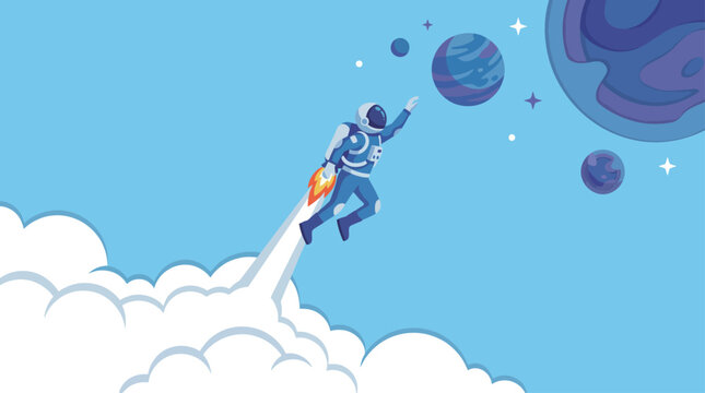 An adventurous astronaut is soaring through space amidst colorful planets, signifying exploration beyond Earth and the limitless possibilities of the universe.
