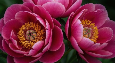 Three pink peonies bloom with golden centers