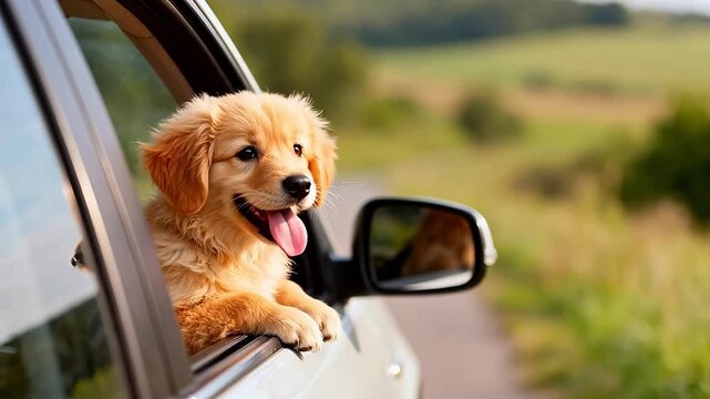 Puppy in car window on road