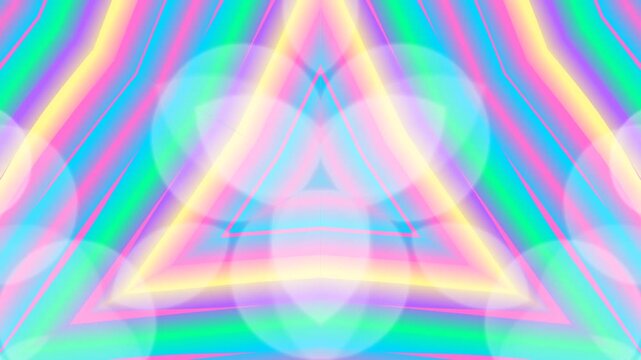 A vibrant abstract design featuring a triangle with rounded edges and a three-leafed shape inside, surrounded by neon-colored lines and circles on a gradient background