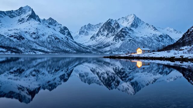 Snowy mountain lake with house reflection