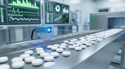 Pharmaceutical production line with conveyor belt moving pills under quality control scanner