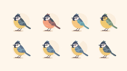 A collection of eight small, stylized cartoon birds with various color variations, including blue, yellow, and reddish-brown, on a light background.