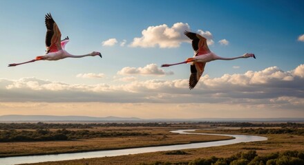 Two flamingos soaring over a golden landscape