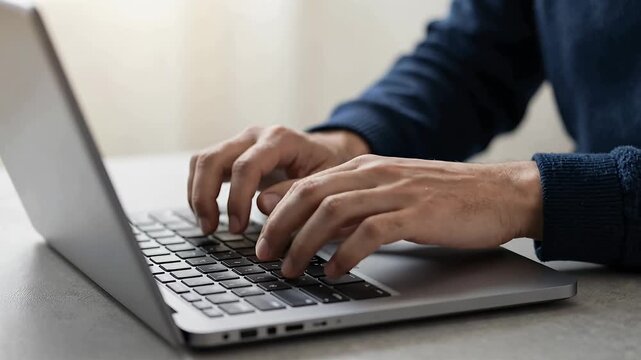 hands typing on laptop keyboard close-up on desk