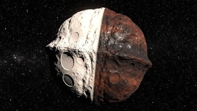 Realistic 3D rendering of space asteroid with two distinct halves of contrasting colors and textures, floating in space