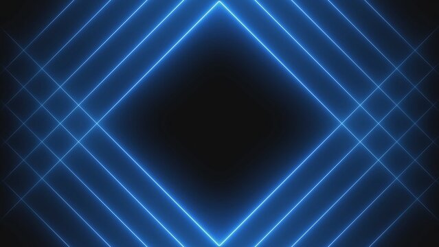 A futuristic blue neon light design with intersecting lines forming a diamond shape on a dark background