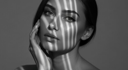 Woman's face in light, b&w, hand touching cheek