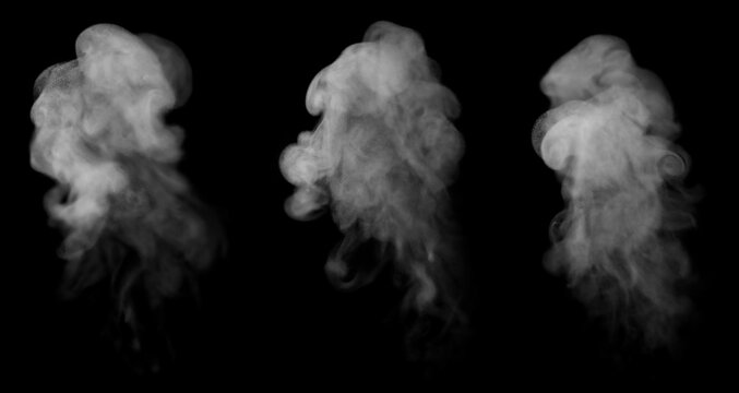 Dense white smoke isolated on black background, realistic fog and vapor texture collection with dramatic swirling mist, atmospheric overlay effect for cinematic design and creative background concept.