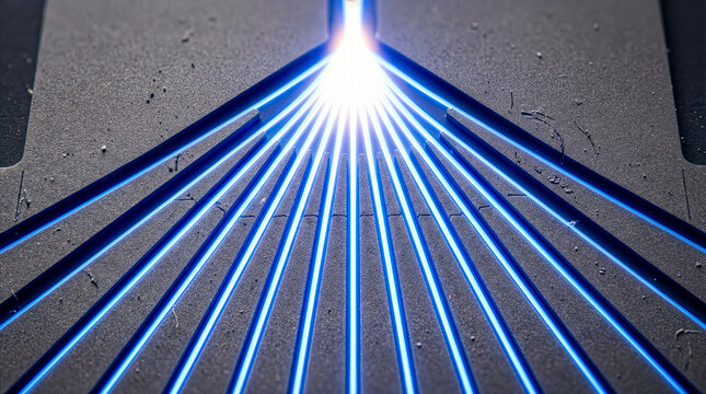 Symmetrical Silicon Photonics Waveguide Array Splitting Light Channels Macro - optical interconnect focus