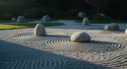 Zen garden w/ raked sand & rocks in sunlight