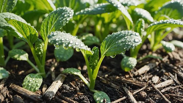 Close up view of fresh green pak choi plants being watered in a home garden with a bright sun shining