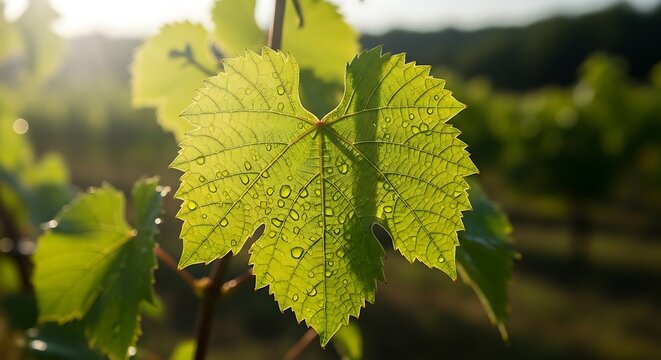 Close up of vibrant green grape leaf with water droplets in sunlight
