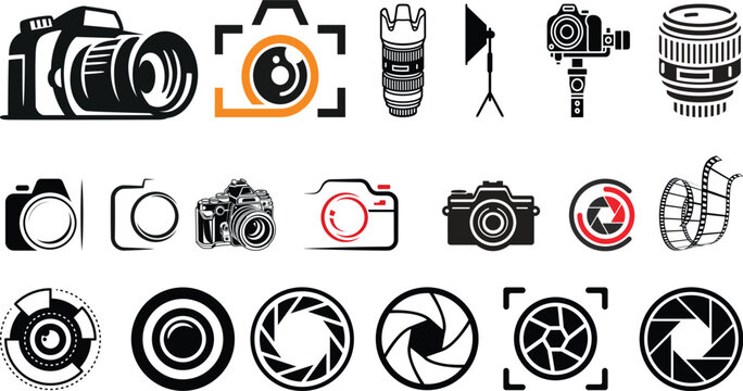 Foto camera icon vector set. photo illustration sign collection. focus symbol. cam logo or mark.retro camera vector illustration.Set of camera shutters vector illustration.Foto camera icon vector set.