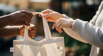 Diverse hands exchanging sustainable fabric tote bag outdoors