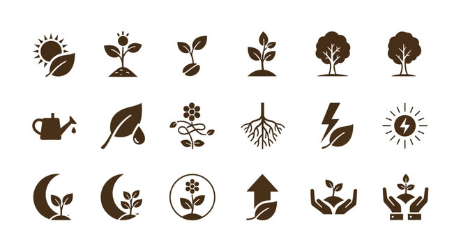 A collection of 18 brown icons representing various aspects of plant growth, nature, and environmental care, including seedlings, trees, watering cans, and sun symbols.