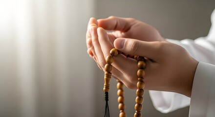 Male hands lifted in prayer holding wooden tasbih beads. This image conveys Islamic worship, spirituality, faith, and devotion. Suitable for religious, spiritual, Ramadan, or faith-based themes.