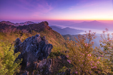 Landscape sea of mist on Mekong river in border  of  Thailand and Laos, Doy-pha-tang, Chiang Rai province Thailand.