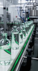 Fototapeta premium Clear glass bottles filled with liquid on an automated conveyor belt system in a factory