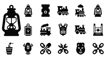 A collection of black silhouette icons featuring various objects including lanterns, trains, barrels, and abstract shapes. © GJ