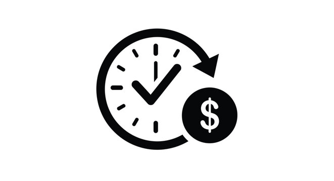 Time management concept showing a clock face with a checkmark and a floating dollar coin icon