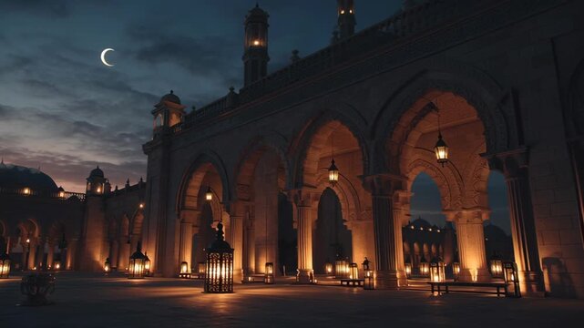 Majestic Mosque During Ramadhan Ramadan with Crescent Moon and Lanterns at Dusk, Celebratory Atmosphere, Traditional Islamic Architecture, and Peaceful Evening Scene