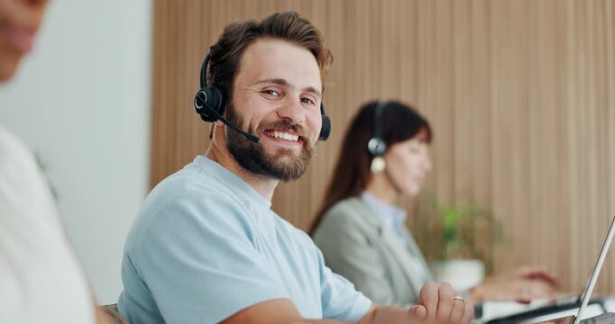 Laptop, coworking and face of man in call center for lead generation, online sales and about us. Telemarketing, staff or happy consultant with technology for outbound assistance or product knowledge
