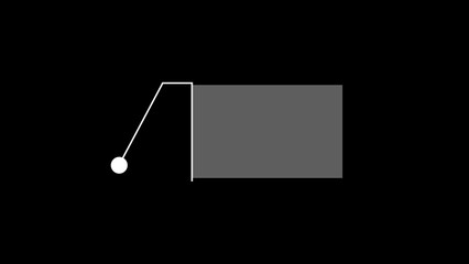 A simple geometric illustration of a ball attached to a line beside a rectangle on a black background