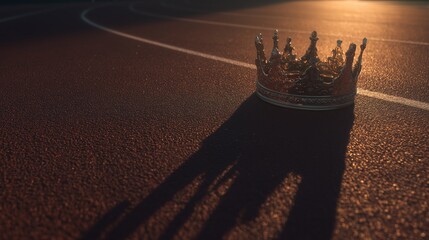Golden crown on a running track at sunset symbolizing victory, leadership, and championship success. Inspirational concept for sports achievement, ambition, and elite performance.