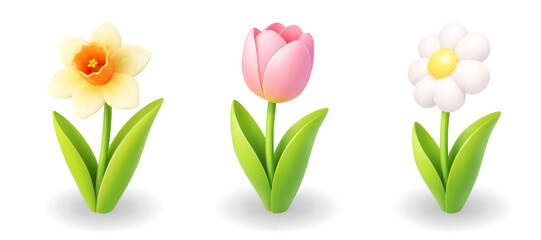 Daffodil, tulip and daisy flowers. Spring 3D vector illustration set isolated on white background © Lifeking