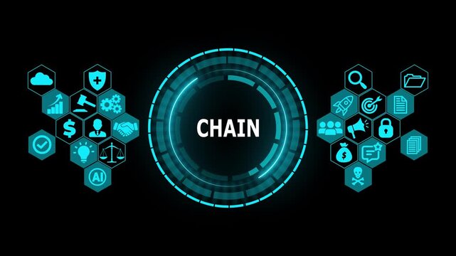 Futuristic CHAIN Digital Blockchain Interface with HUD Circle, Cryptocurrency Network and Financial Technology Concept Abstract Motion Graphics Loop Background