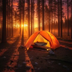 Camping tent in the forest at sunset.
