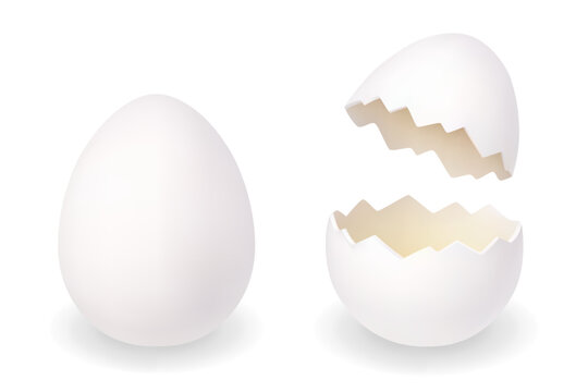 White egg and cracked egg shell halves. Minimal 3D vector Easter illustration
