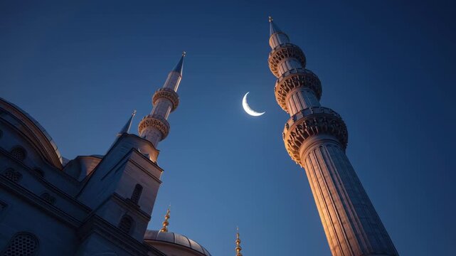 Majestic Mosque Minarets against Crescent Moon and Clear Sky during Ramadhan Ramadan, Eid al-Fitr, with Copy Space for Religious and Cultural Celebrations