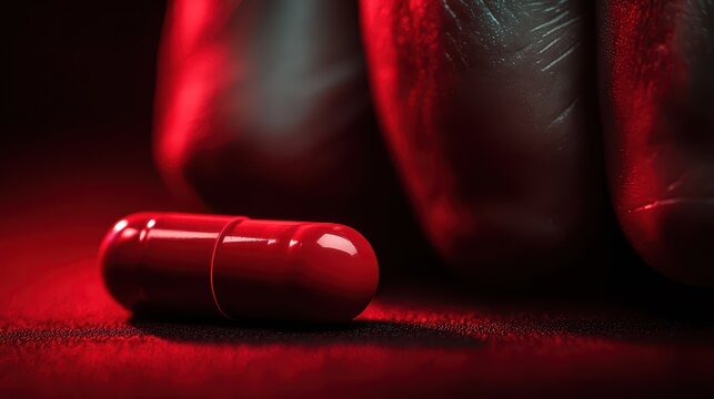 Red capsule pill for male strength enhancement concept, testosterone booster and vitality supplement