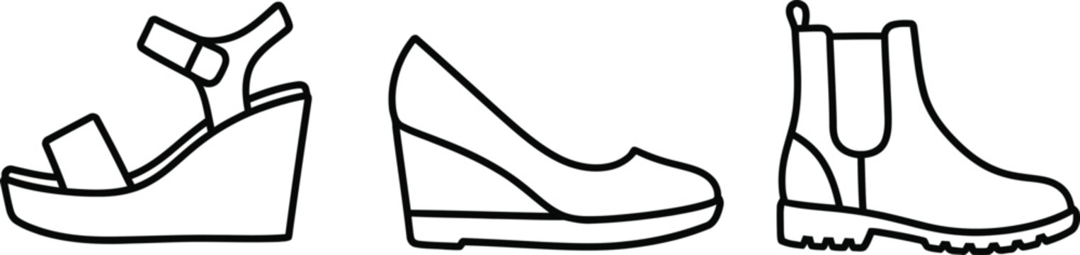 Footwear icon collection with various shoe types for men and women. Minimal line art set includes a sneaker, boot, high heel sandal, and slipper for fashion concepts See Less
