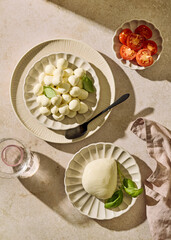 Mozzarella cheese with basil and cherry tomatoes on light background, top view