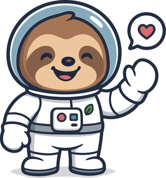 A cheerful cartoon sloth dressed as an astronaut waves amicably while displaying a heart, symbolizing joy, friendliness, and the wonders of space exploration.
