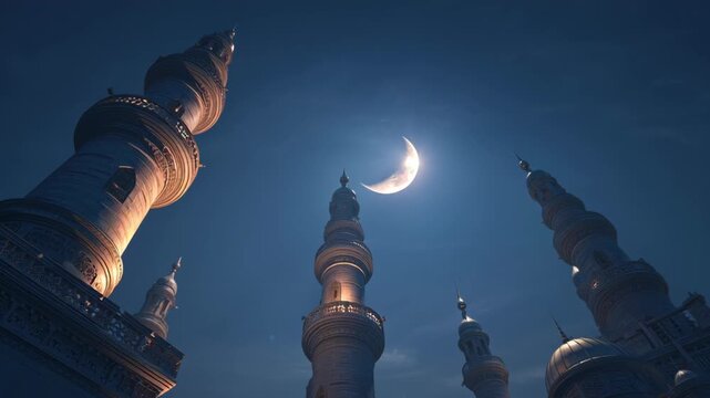 Majestic Mosque Minarets Under Crescent Moon with Clear Night Sky and Elegant Architecture for Ramadhan Ramadan and Eid Celebrations