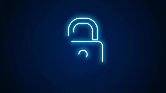 Neon blue padlock graphic animation of opening and closing lock in security concept on dark background