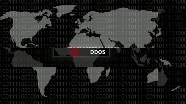Gray map with digital binary code Generate title without using the word "Title:" before it. background showing DOS cyber attack location