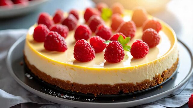Delicious raspberry cheesecake with creamy filling and crumbly crust