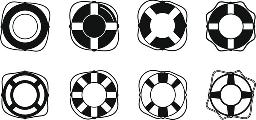 Collection of black and white lifebuoy icons, life ring flotation device symbols, nautical rescue equipment silhouettes isolated on white background, maritime safety illustration set © MdSakila